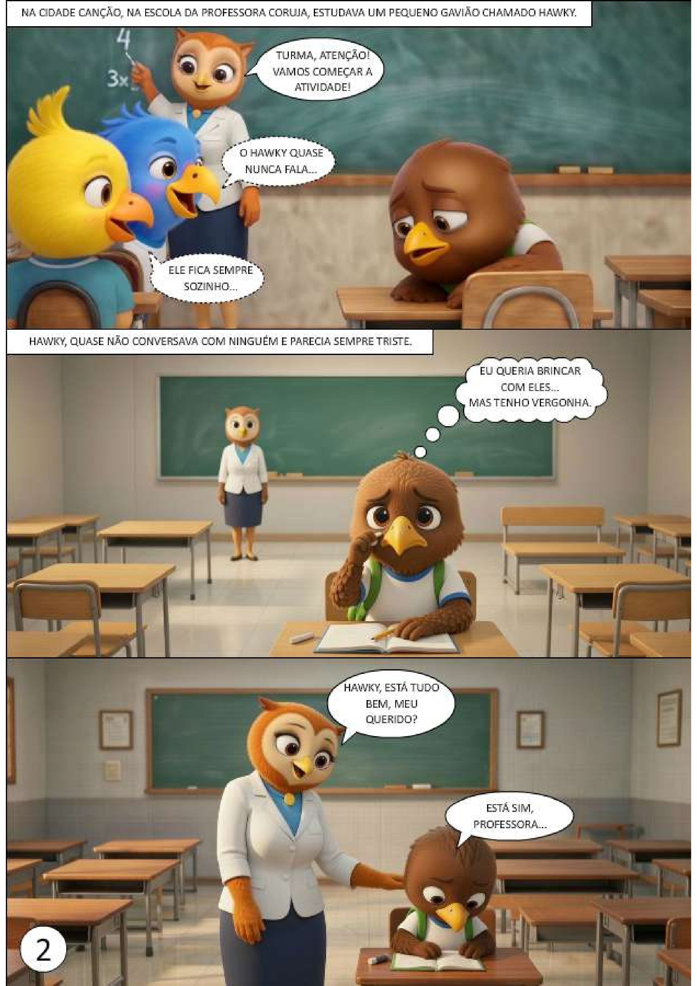 Página do livro: “Hawky, está tudo bem, meu querido?” — Profª Coruja