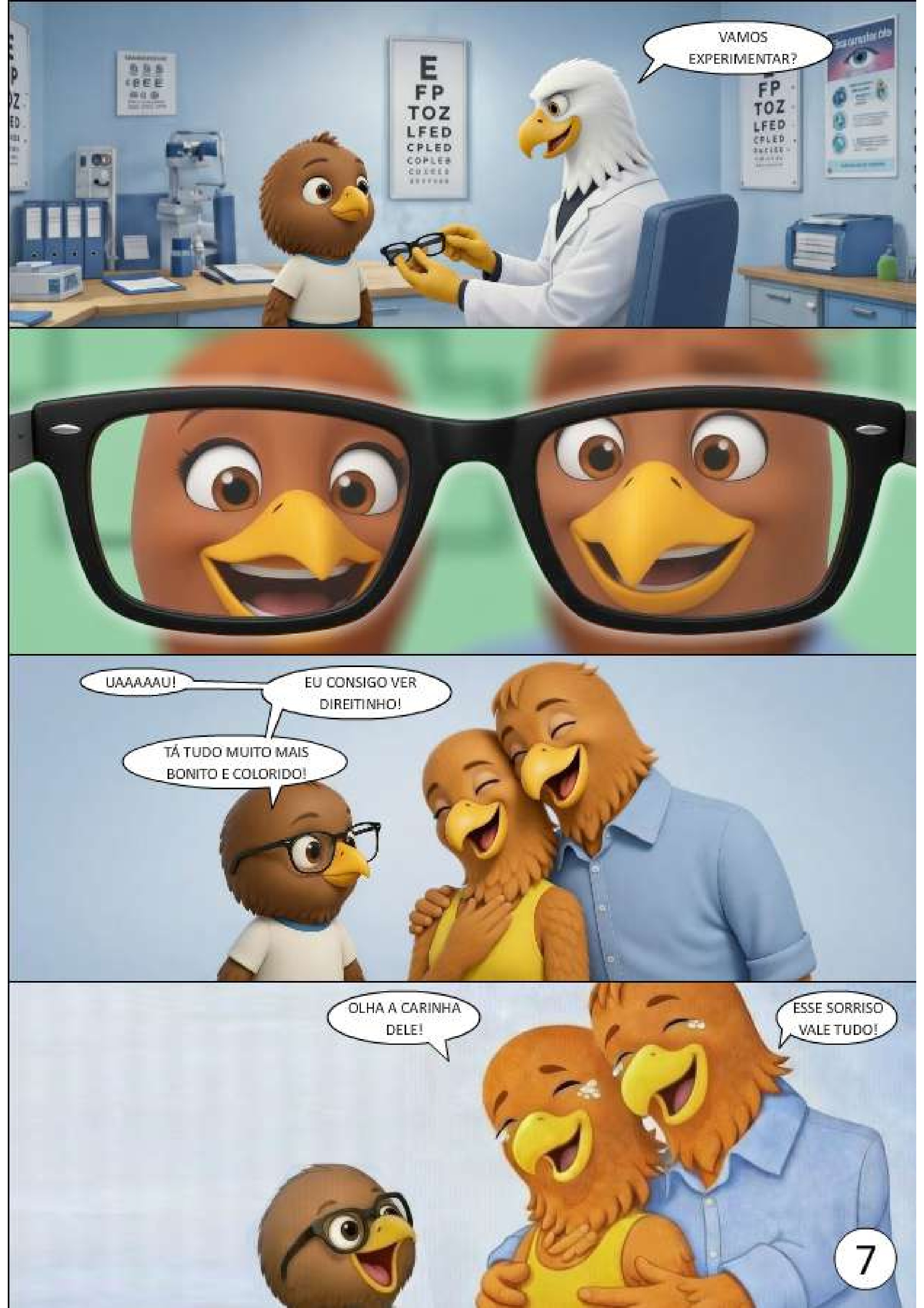 Página do livro: “UAAAAAU! Eu consigo ver direitinho!” — Hawky